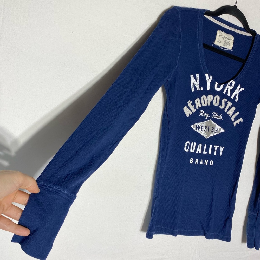 Vintage Y2K Aeropostale Dark Blue Long Sleeve Deep V Neck Ribbed Top M - Picture 11 of 15